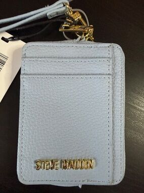 Steve Madden Pale Blue Pebbled Leather Card Case with Gold Logo